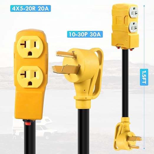 30 Amp to 20 Amp 110V RV Distribution Adapter,NEMA 10-30P to NEMA 4X 5-20R/ 5-15R RV 3Prong to Mutiple Household Outlet w/ 20Amp Circuit Breaker RV Generator Distribution Cord 1FT
