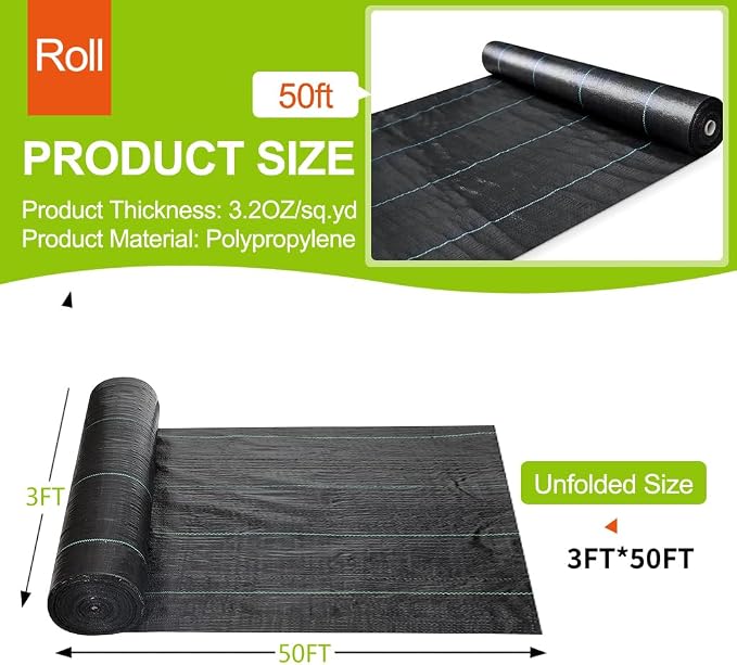 3.2oz Heavy Duty Weed Barrier Fabric, 3ft x 50ft, Woven Geotextile Landscape Fabric for Garden Weed Control