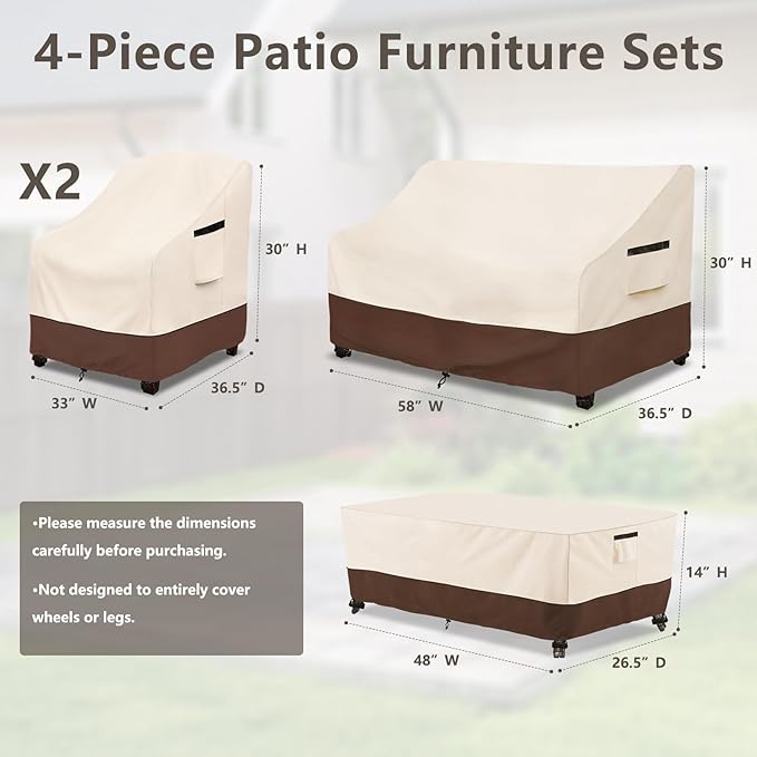 Rileytee Patio Furniture Set Covers, 4 Piece, 600D Heavy Duty Waterproof, for Loveseat, Chair and Coffee Table, (Beige and Brown,Medium)