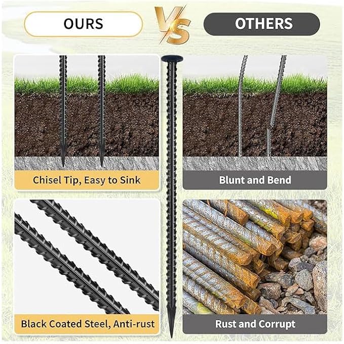 16 Inch Rebar Stakes,Ground Stake 1/2 Inch Diameter，Galvanized Steel Ground Anchors, Heavy Duty Metal Spikes，Asphalt Anchor,Used for Speed Bump Wheel Stop and Camping Tent(16 Pack ，Black)