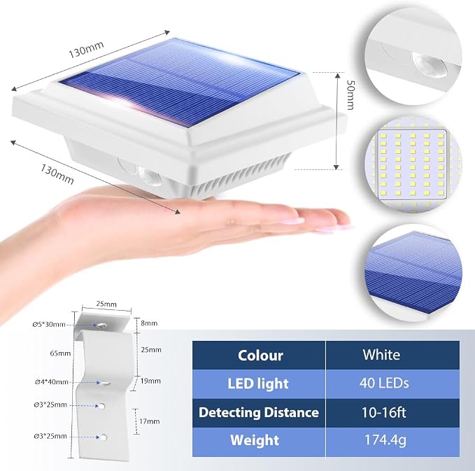 Solar Gutter Lights Outdoor, 40 LEDs Bright Solar Powered led Fence Light Deck Lights Waterproof for Wall, Deck, Fence, Stair, Step and Yard (White Shell, 6Pack, Cool White)