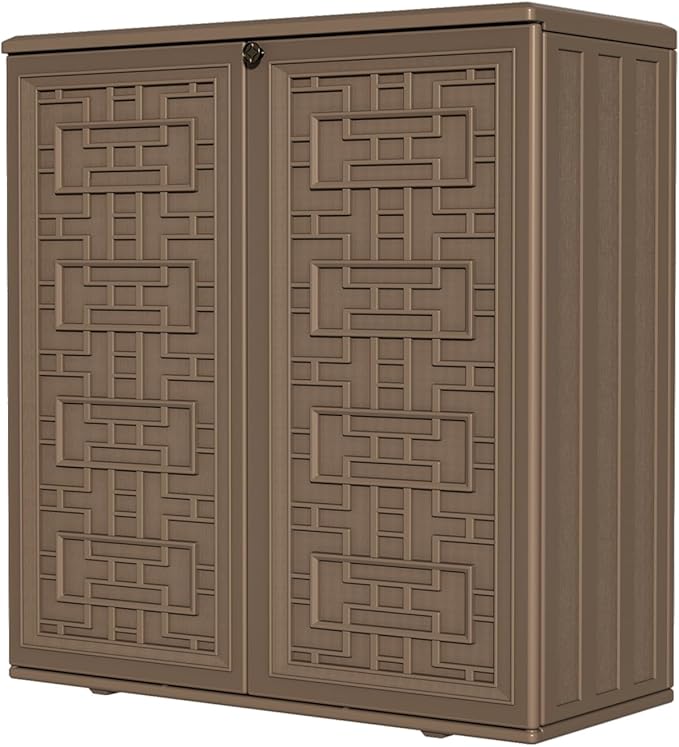 HOMSPARK Indoor/Outdoor Storage Cabinet with Doors and Shelf, 34”x16”x36” HDPE Plastic Storage Box for Patio, Balcony, Multi-Purpose for Tools, Brown