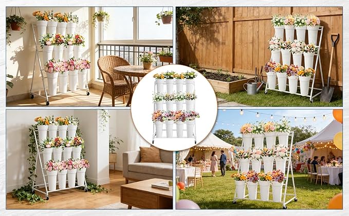 PeakPursuit 3-Tier Metal Flower Display Stand with 12 Plastic Removable Buckets and Wheels,Flower Display Cart for Indoor and Outdoor Use, White