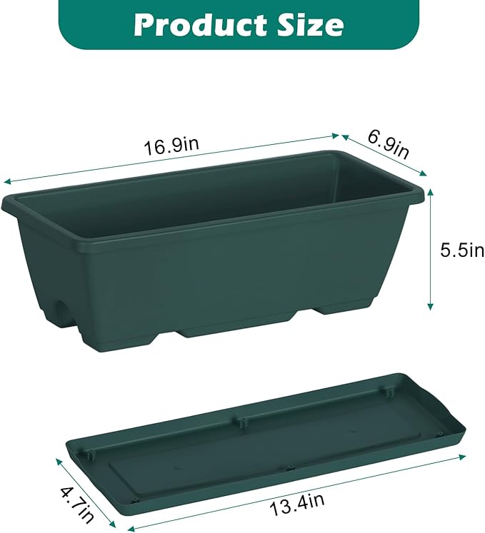 CADUKE 4 Pack Railing Planter Box 16.9 Inches Window Flower Boxes with Metal Brackets Balcony Planters Railing Hanging Fence Planter Plastic Outdoor Deck Railing Planter Boxes, Green