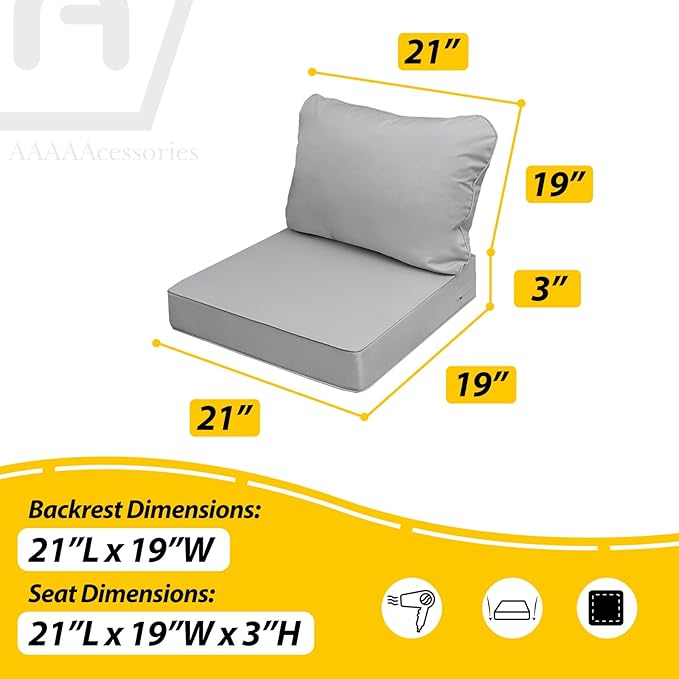 AAAAAcessories Outdoor Seat Cushions for Chairs, Fade-Resistant, Waterproof Patio Furniture Replacement Cushions, 21" x 19" x 3" + 21" x 19", Gray