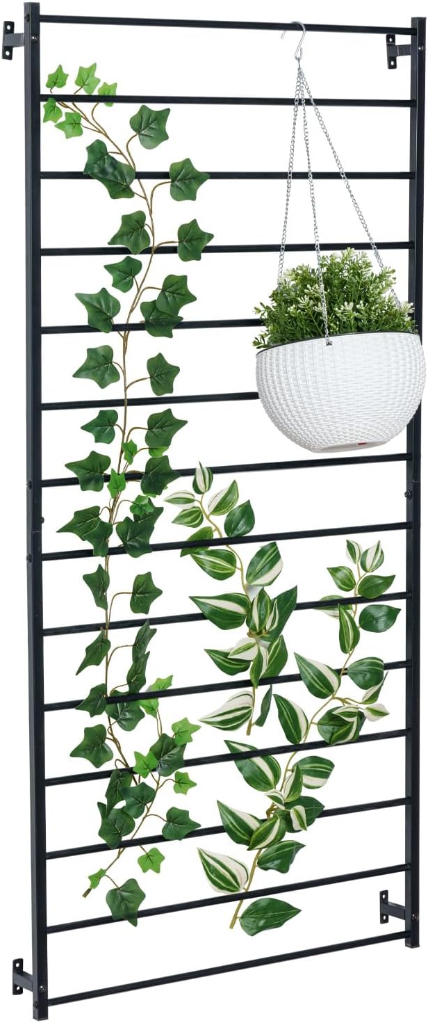 MyGift Wall Mounted Metal Garden Trellis for Climbing Plants Vines & Ivy, Matte Black Outdoor Panel with 14 Support Bars Outdoor Hanging Support Frame – No Assembly Required