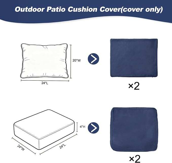 4-Piece Outdoor Patio Cushion Covers, Seat & Back Replacement Set, Covers Only for Patio Furniture, Porch, Deck, Balcony (4Pcs-Blue, 24 * 24 * 4-inch)