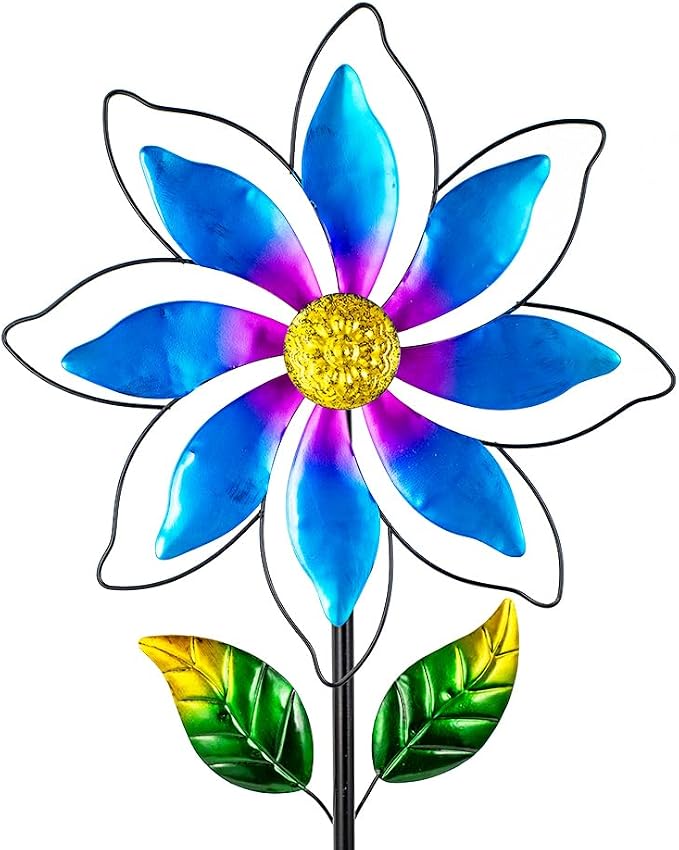 14'' Wind Spinners Outdoor, Flower Metal Garden Wind Spinners Outdoor, Kinetic Wind Sculptures & Spinners for Yard Garden Lawn Decor (Blue)