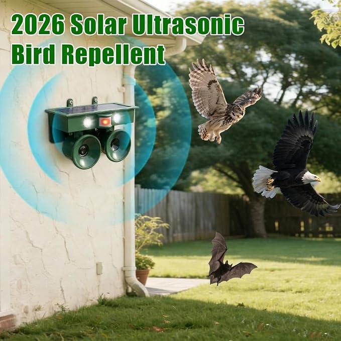 2026 Upgraded Solar Bird Repellent Outdoor: Ultrasonic Pigeon Repeller with Motion Sensor&LED Flash Light-Professional Woodpecker Deterrent for Farm,Garden,Patio-Waterproof Bird Deterrent Device