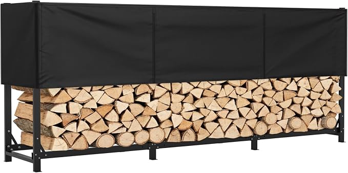 Heavy Duty 10ft Firewood Rack with Cover Outdoor, 5/8 Cord Capacity Log Holder Sturdy Steel Construction, All-Weather Black Powder Coat Wood Storage Organizer for Indoor&Outdoor Use, Black