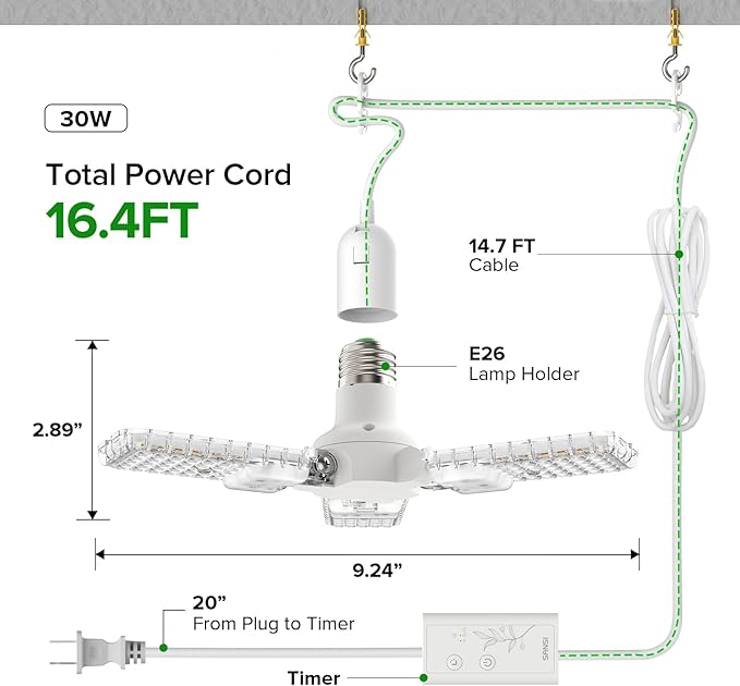 SANSI Grow Lights for Indoor Plants, 99 LEDs Plant Growing Lamp with Timer, 30W 2000LM 4000K Plant Light with Full Spectrum High PPFD, Height Adjustable Wings, 16.4FT Power Cord for Tall Large Plants