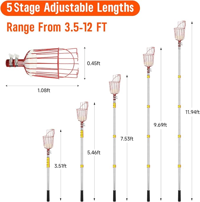 SANLIKE Fruit Picker Pole with Basket 12FT Adjustable Higher Lightweight Fruit Grabber Tool with Extension Pole for Apple Avocado Lemon Peach Pear Mango and Other Fruit Tree Harvester