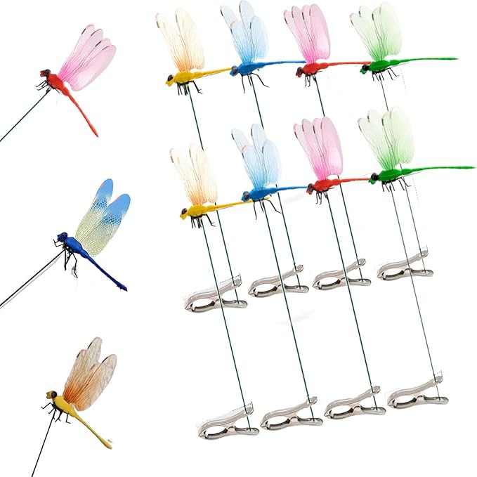 Fake Dragonfly Clip,Dragon Fly Hat Clip,3D Fake Dragonfly Clips Outdoor Simulation,Artificial Dragon Fly for Patio Garden Decoration, Multicolor Waterproof (2*Red+2*Blue+2*Green+2*Yellow)