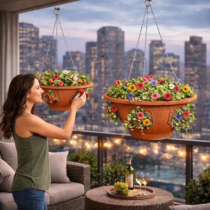 Ultimate Hanging Baskets - Strawberry, Tomato, Flower, and Herb Outdoor Planters - Use Garden Pots for Growing Plants Outside On A Deck, Fence, or Balcony (2, Terracotta)