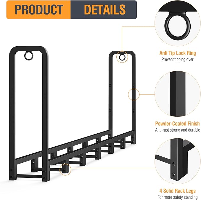 SunyesYoon Firewood Rack Outdoor 8ft with Waterproof Cover - Heavy Duty Log Rack Indoor Holder, Upgraded Adjustable Fire Wood Racks, Storage Organizer Stand Tool for Fireplace, Black
