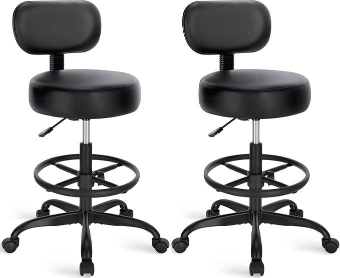 SUPERJARE Drafting Chair with Back, Set of 2, Swivel Barstools, Adjustable Height Rolling Stool with Footrest, Standing Desk Chair for Counter Height Desk, Shop, Home Kitchen, Clinic Studio, All Black