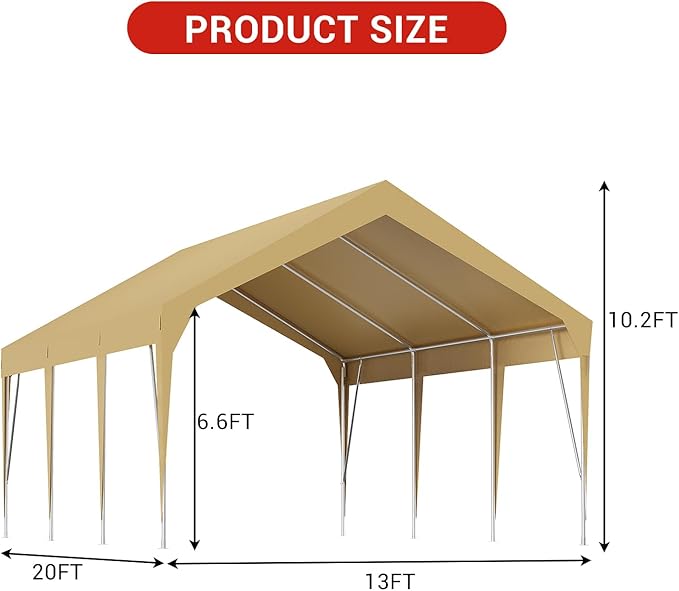 Heavy Duty Carport 13 x 20 ft Portable Garage Car Canopy Waterproof UV Resistant, Outdoor Storage Shed for Car, Motorcycle, Bike, Garden Tools (Yellow)