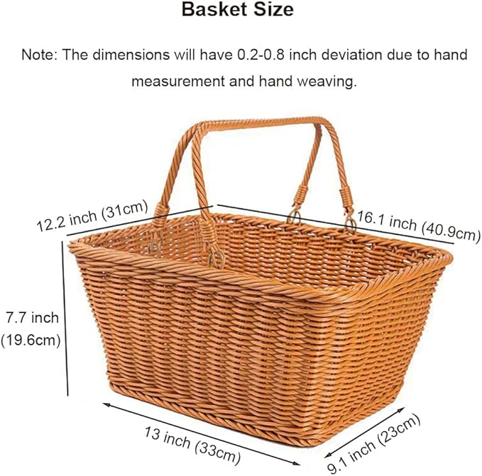 Picnic Basket, Garden Harvest Basket, Wicker Shopping Baskets with Foldable Handles, Reusable Handwoven Market Baskets for Carrying Shopping Storage Gathering (Brown, Rectangle)