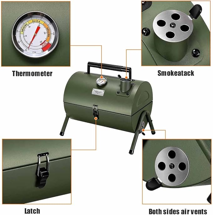 MAISON HUIS Small Charcoal Grill, Portable Tabletop BBQ Smoker for Outdoor Camping,Mini Grill for Tailgating, Hiking & Picnic, (Green)
