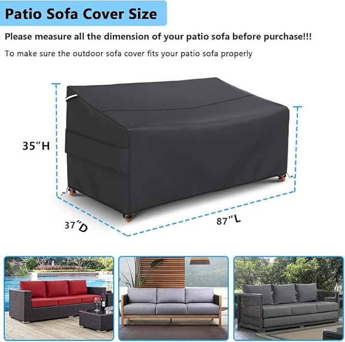 Gasadar Waterproof Outdoor Sofa Cover, 3-Seater Outdoor Loveseat Cover, 87"W x 37"D x 35"H, Black