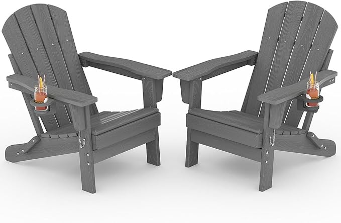 GarveeLife Folding Adirondack Chair Set of 2, All-Weather HDPE Outdoor Chair, Wooden Textured with Cup Holder for patios, Decks, Gardens, fire pits, Grey