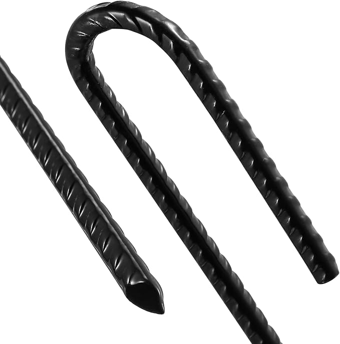 Wensilon Rebar U/J Hook Extra Heavy Duty, 12 inch x 1/4 inch Rust Proof Coated Steel Ground Anchors for Garden, Tent, Trampoline (50pcs, J-Hook) (Pack of 2)