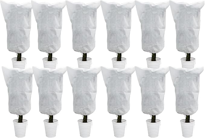 EAONE 12 Pack Plant Covers Freeze Protection, 24x32'' Winter Frosts Cloth for Outdoor Plants, Reusable Frost Blankets Drawstring Bags for Cold Freeze Sun Protection Bird Insect Prevention,White