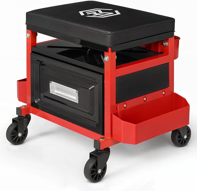 M-AUTO Mechanic Stool Garage Rolling Tool Chest Seat w/Drawer & Tray, 350LBS Capacity Multi-Function Adjustable Height Mechanic Creeper Seat for Projects Inside The Garage and Workshop, Red