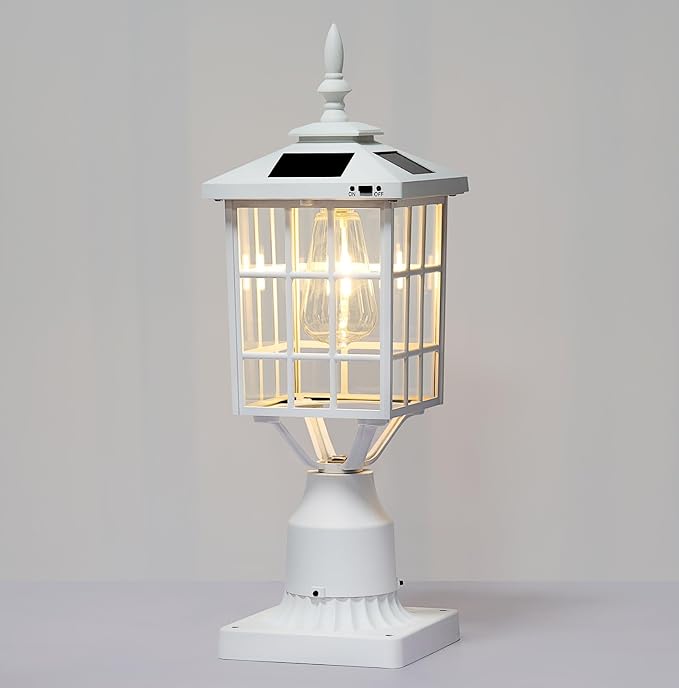 ST4224Q-W Solar Post Light Outdoor Led Squared Frame Fixture with 3" Pier Mount Base for Garden Street Pole Landscape Yard Driveway Entryways (White)