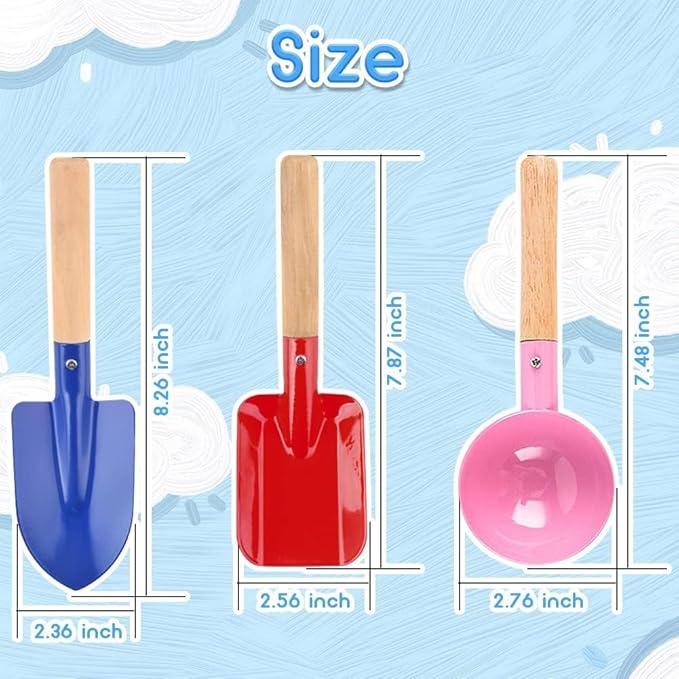 Beach Toys for Kids, 6Pcs 8'' Kids Gardening Tools Sand Toys Set, Metal Garden Tools with Sturdy Wooden Handle, Cylinder, Spoon, Fork, Rake, Flat & Pointed Shovel, Gifts for Children
