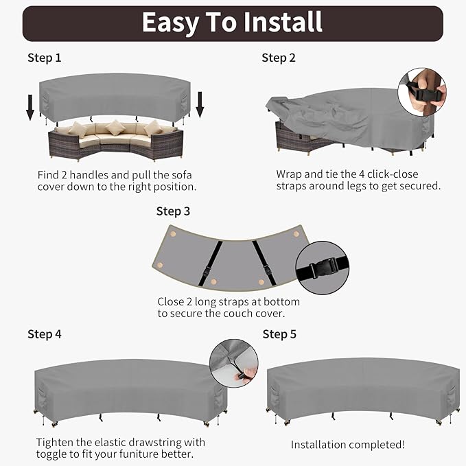 PureFit Outdoor Sectional Sofa Cover Waterproof Curved Patio Furniture Covers for Deck, Lawn and Backyard, 190Lx36Dx39Hx128FL, Grey