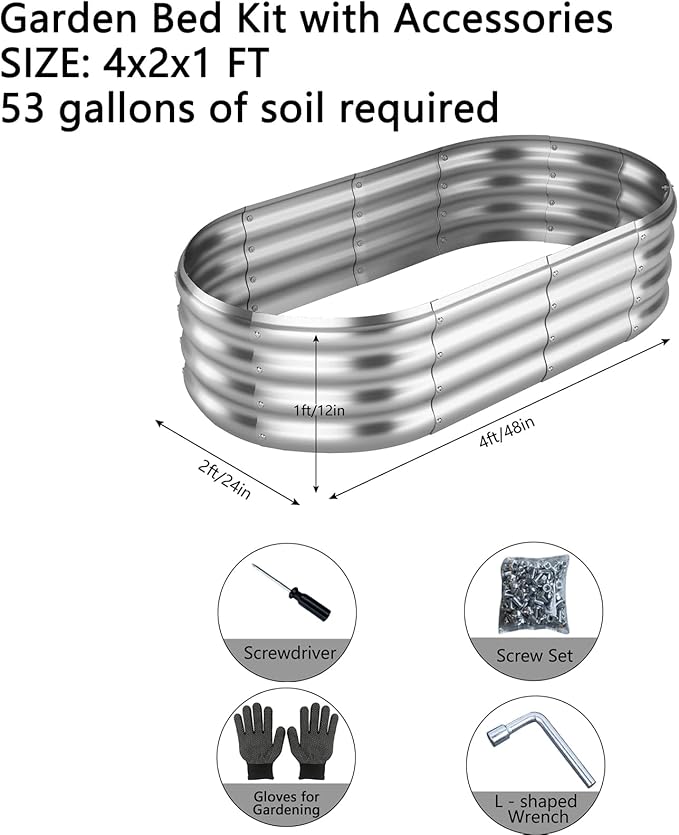 ZFHgarden Galvanized Metal Raised Garden Bed Kit, 4x2x1ft Outdoor Planter Box, Garden Grow Bed for Vegetables, Flowers, Patio Gardening