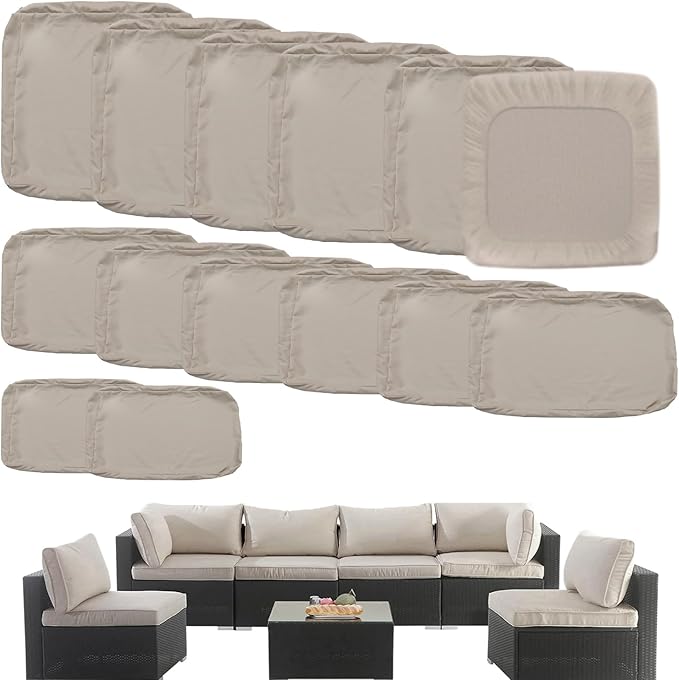 Outdoor Cushion Covers Replacement 14 Pcs Patio Cushion Covers fit for 7Pieces 6-Seater Wicker Rattan Sectional Couch Sofa Outdoor Cushion Slipcovers Set Seat and Back Cover Only, Tan
