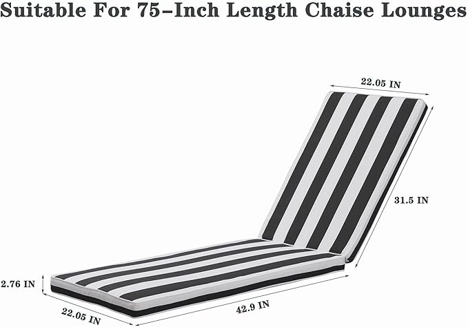 Only choice Outdoor Lounge Chair Cushion Patio Chaise Lounge Replacement Cushions Funiture Seat Cushions Chair Pads (Black+White Stripes-1 pc)