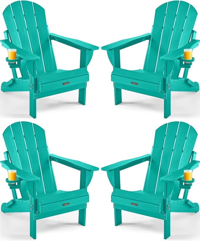Ciokea Folding Adirondack Chair 4 Pack, Patio Adirondack Chair Weather Resistant, Plastic Fire Pit Chair with Cup Holder, Lawn Chair for Outdoor Porch Garden Backyard Deck (Lake Blue)