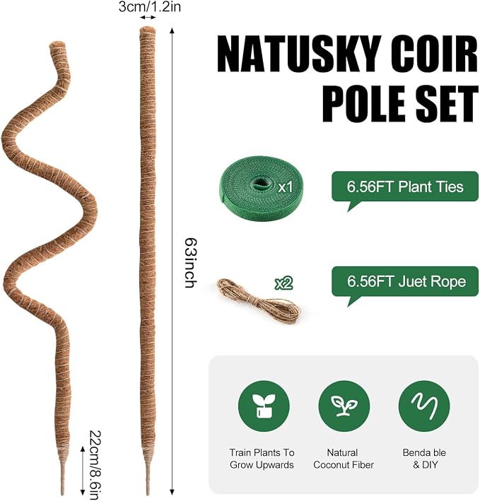 2 Pack Moss Pole, 63 Inch Bendable Moss Poles for Plants Monstera Long for Climbing Plants, Extra Large Handmade Pole Plant Sticks Support Stakes for Indoor Plants to Grow Upwards
