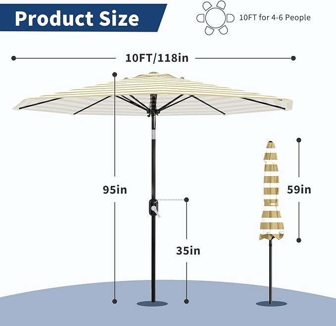 Garvee 10 ft Outdoor Patio Umbrella 8 Sturdy Ribs Outdoor Table Umbrella with Crank Lift & Push Button Tilt UV Protection Waterproof Market Umbrellas for Pool Deck Yard Garden Tan & White Stripes