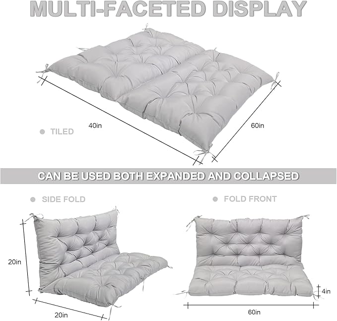 Porch Replacement Swing Cushions for Outdoor: 2-3 Seater Garden Waterproof Patio Bench Cushion with Ties - 4" Thick Swing Chair Cushion for Backyard Furniture Loveseat
