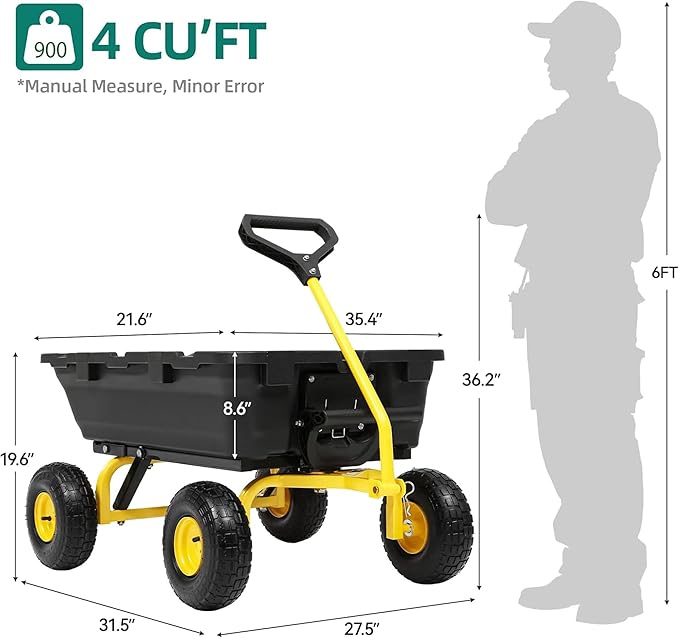Garden Dump Cart 900Lbs, 2026 Upgraded Heavy Duty Wheelbarrow Dump Wagon with 10" Non-Slip Pneumatic Tires & Quick-Release Dumping, 4-Wheel Steel Frame Utility Carts for Yard,Farm and Garden