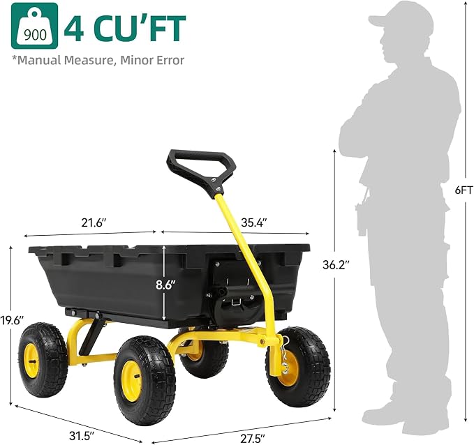 900LB Garden Dump Cart, 2026 Upgraded Heavy Duty Wheelbarrow Cart with 10" Non-Slip Pneumatic Tires & Quick-Release System, 4-Wheel Steel Frame Wagon for Transportation in Yard, Farm, Garden