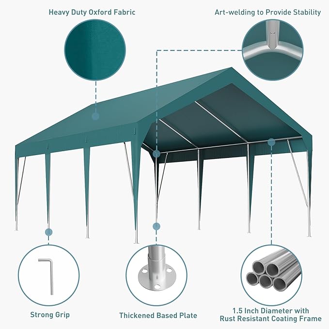 Carport Heavy Duty Car Canopy UV Resistant Waterproof Portable Garage for Car, Boat, Party, Storage Shed (Green, 13 * 20FT)