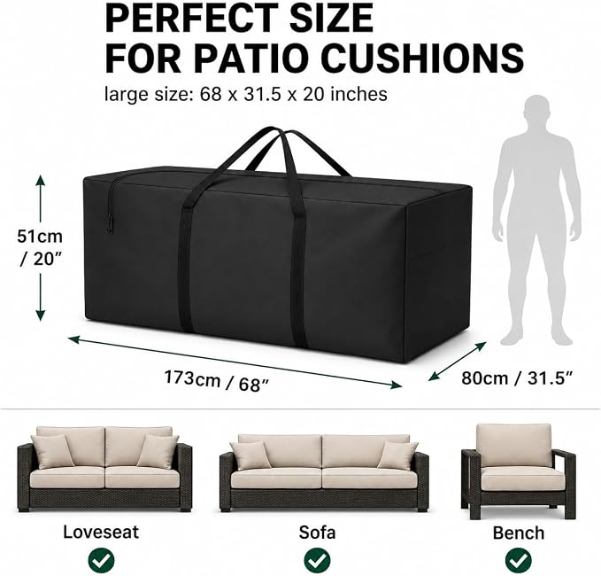 Cushion Storage Bag 420D Waterproof 68" Rectangular Outdoor Patio Cushion Storage Bags — Outdoor Cushions Storage Bag with Zipper and Handles Extra Large Storage Bags 68" L x 29" H x 20" W Black