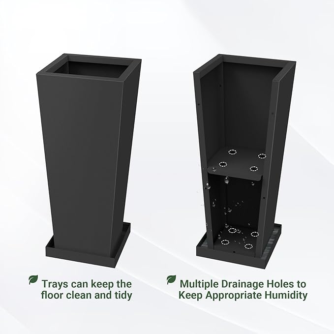Metal Tall Outdoor Planters Set of 2, 24 inch Durable Tall Planters with Rust-Proof Coating & Drainage Insert Shelve & Trays, Black Outdoor Planters for Porch, Garden, Patio, Yard