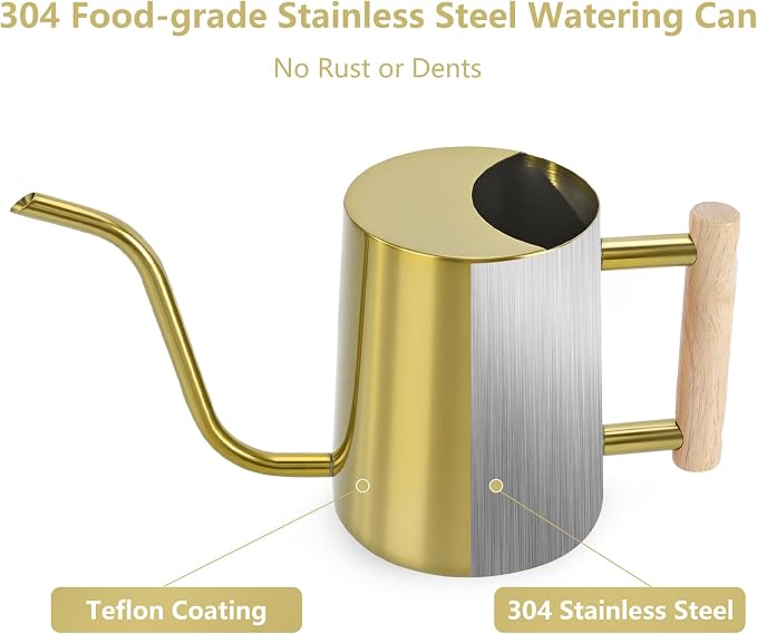 Watering Can Indoor Plants, 35oz Small Stainless Steel Metal Watering Can Modern Decorative Watering Pot with Long Spout for Indoor House Plant Bonsai Garden Flowers (Gold)
