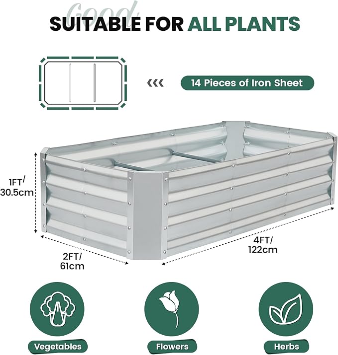 G GOOD GAIN 4x2x1ft Raised Garden Bed – Galvanized Metal Planter Box for Vegetables, Flowers, Herbs, Fruits – Outdoor Garden Beds with Open Bottom, Sliver