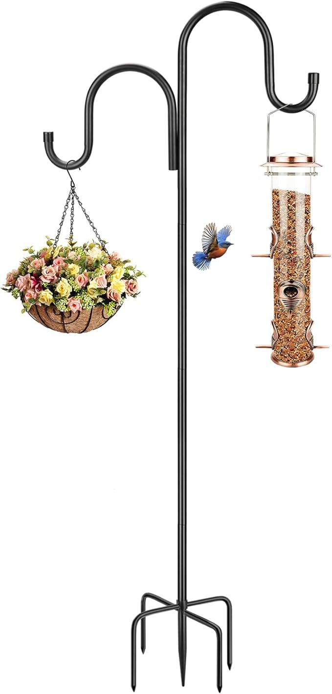 63 Inch Double Shepherds Hooks for Outdoor, Heavy Duty Bird Feeder Pole with 5 Prongs Base for Hanging Lantern, Hummingbird Feeder, Lightweight Plant, Shepherds Hook for Bird Feeders for Outside