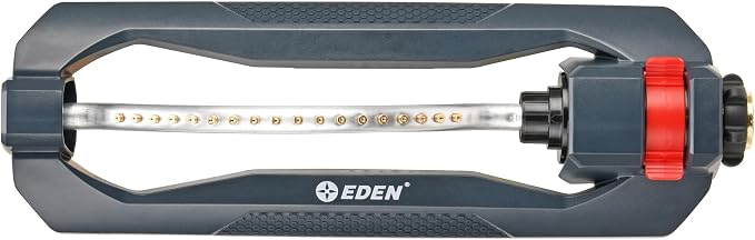 Eden 96217 Turbo Oscillating Sprinkler, Covers Up to 3,500 sq. ft., 18 Brass Nozzles, Sturdy Weighted Base, Adjustable Range, Quick Connect Bundle, Black, Red, Silver