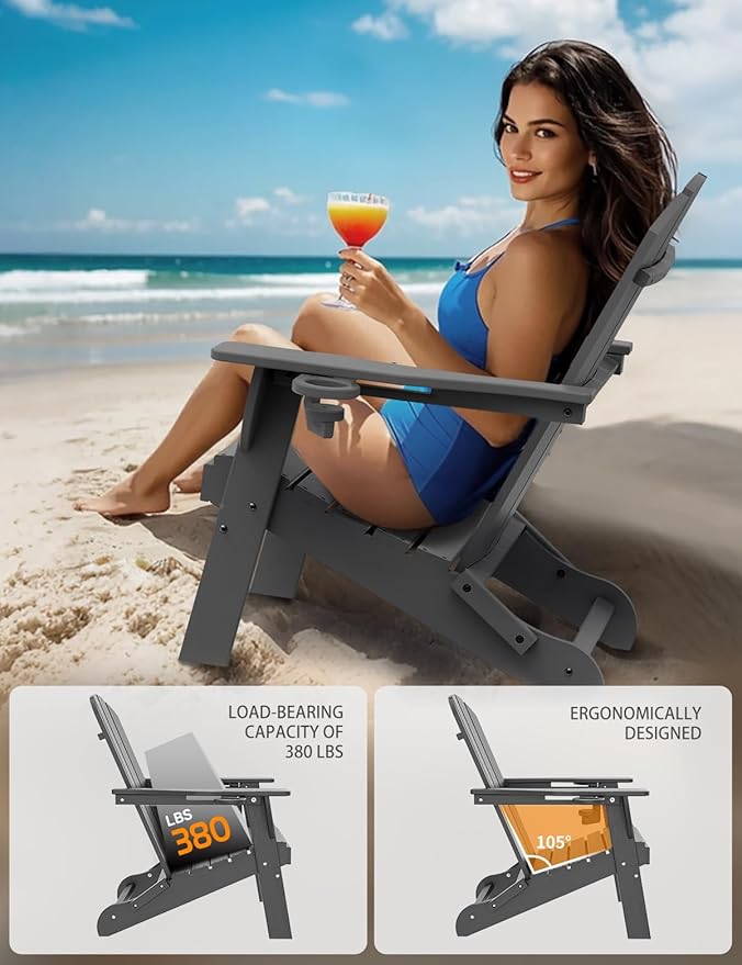 Folding Adirondack Chair Set of 4, Wooden Textured Plastic Adirondack Chairs with 2 Cup Holder, Weather Resistant HDPE Fire Pit Chair, Outdoor Patio Chairs for Garden, Backyard, Lawn, Deck, Grey