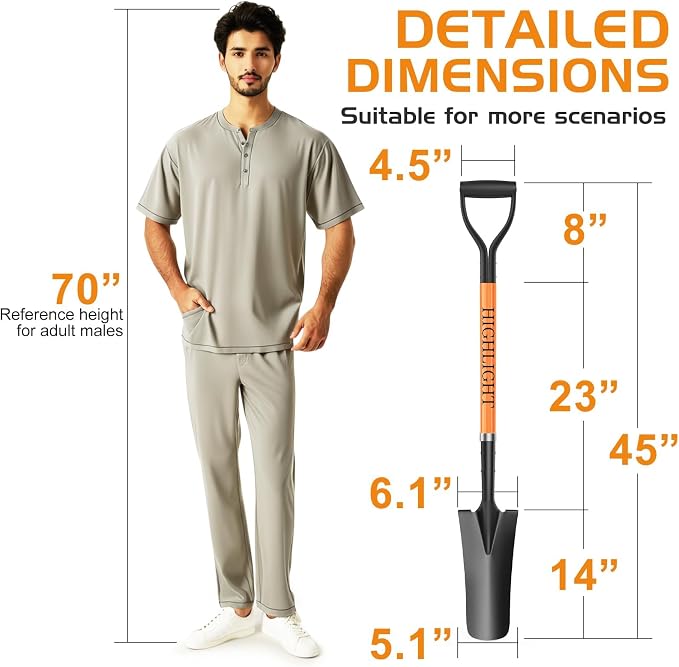 HIGHLIGHT Spade Shovel, 45-Inch Heavy Duty Sharp Shooter Shovel for Digging, Gardening, Planting, Trenching, Drain and Transplanting, Fiberglass D-Grip Handle, Orange