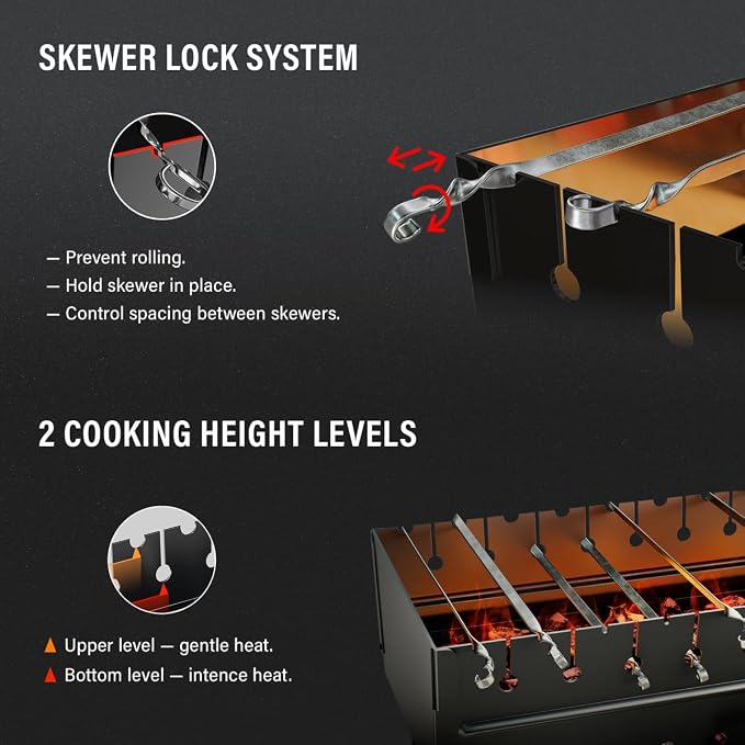 MHH Charcoal Grill for 8 Skewers - Portable Barbecue 16.9""×11.8""×16.9"" Kabob Camp Grills - Foldable Metal Mangal - Kebab Shish - BBQ for EDC Picnic Outdoor Cooking Camping Hiking
